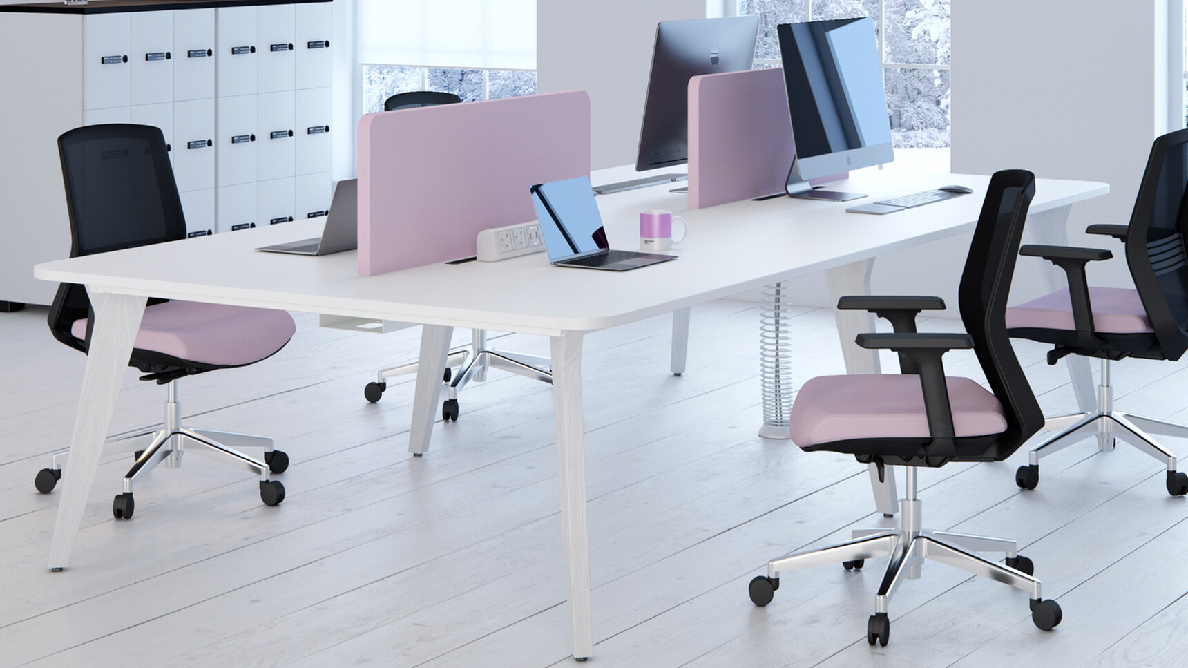 Elite Lux Double Bench Desk White Finish Optional Acoustic Screen Four Vida Mesh Back Office Chairs Black Backrest Pink Seat Upholstery