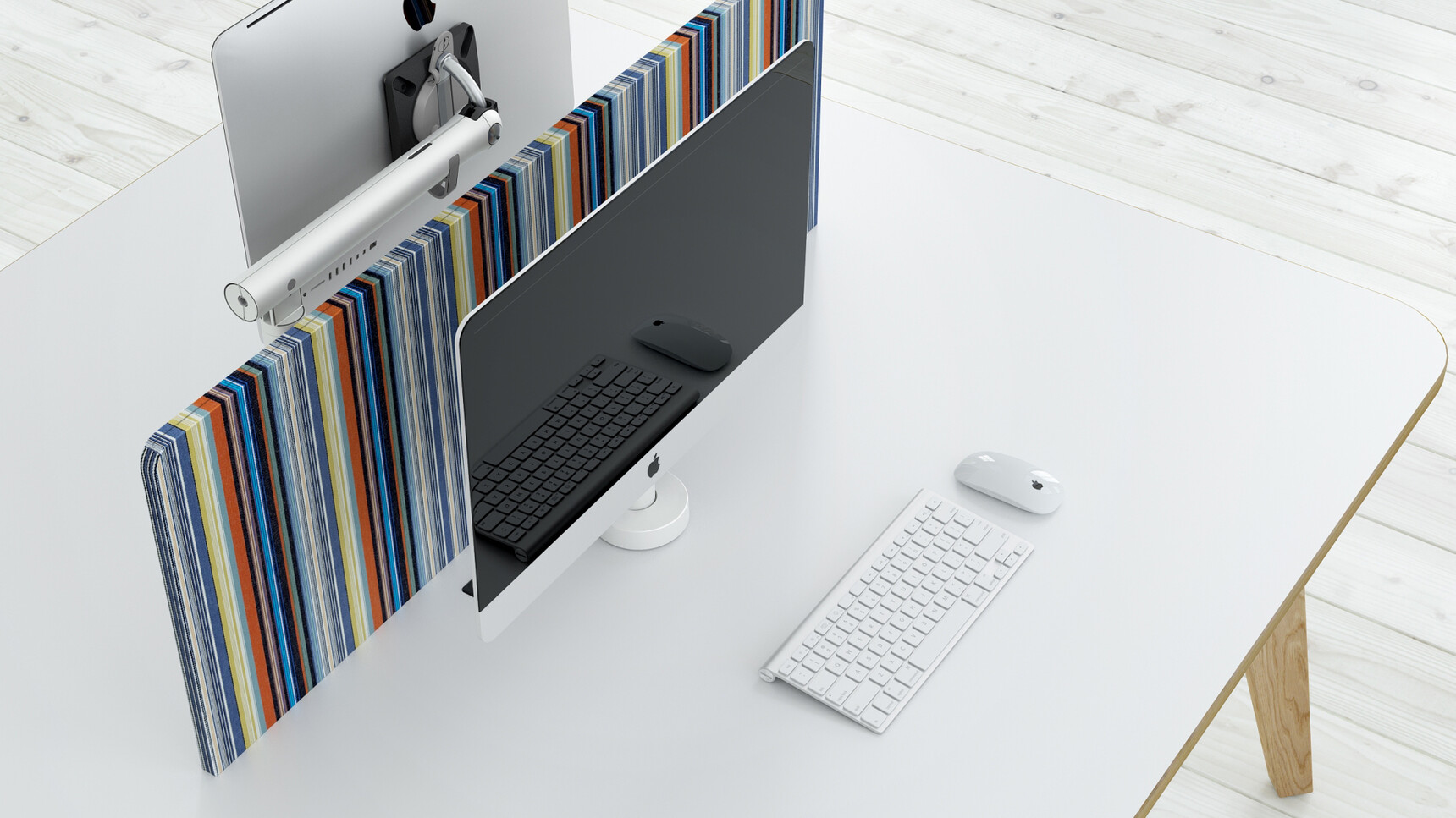 Elite Lux Double Bench Desk With White Table Top Finish And Wood Edge Finish And Wood Leg Finish With Optional Acoustic Screen With Striped Pattern