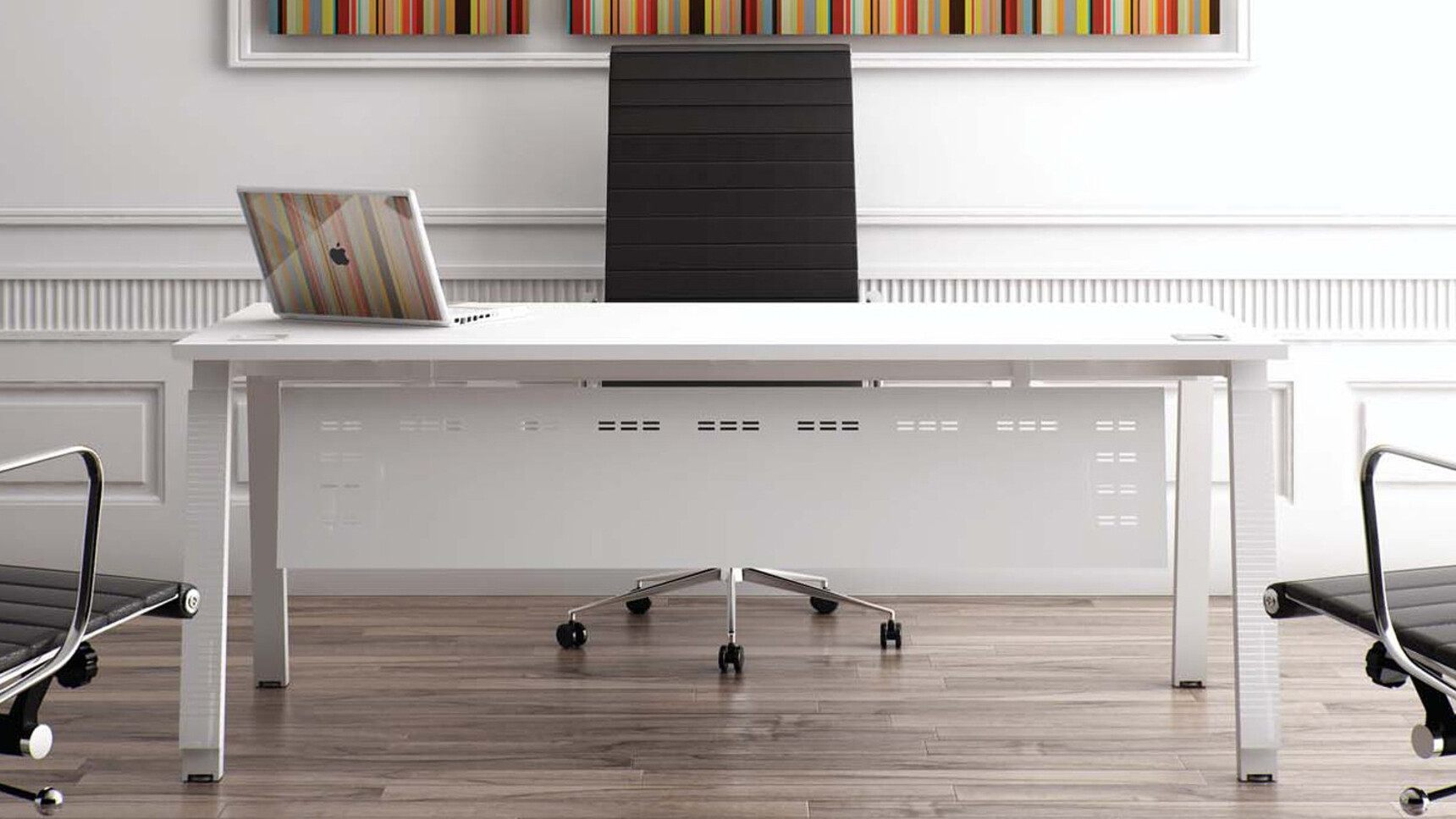 Elite Linnea Rectangular Desk White Finish Linnea Steel Modesty Panel Elite Office Chair Black Upholstery At Desk Facing Two Elite Office Chairs Black Upholstery