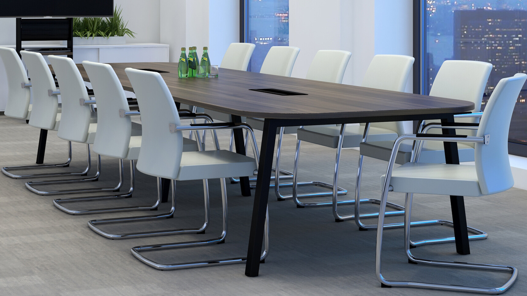 Elite Linnea Double D Ended Conference Table With Wood Table Top Finish And Black Metal Leg Finish With Eleven Moda Fully Upholstered Full Cantilever Base Meeting Chairs With White Upholstery In Meeting Room
