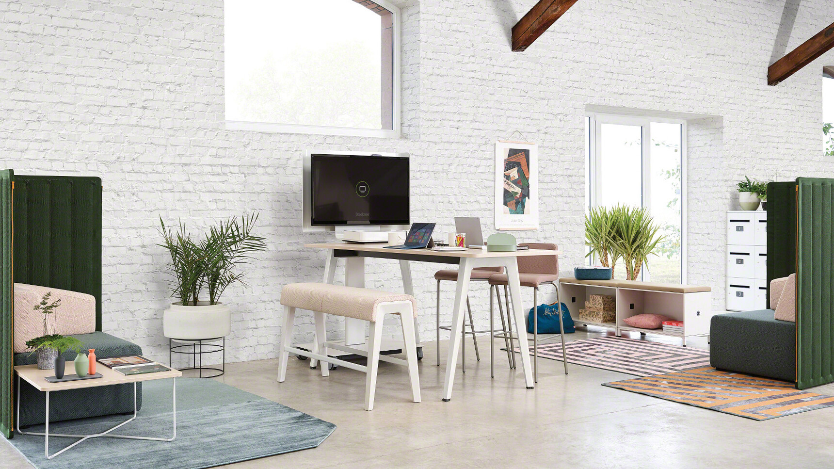 Steelcase B-Free Beam Bench With  Aluminium Legs And  White Fabric At B-Free Desk With White Aluminium Legs And Wood Finish In Office Environment