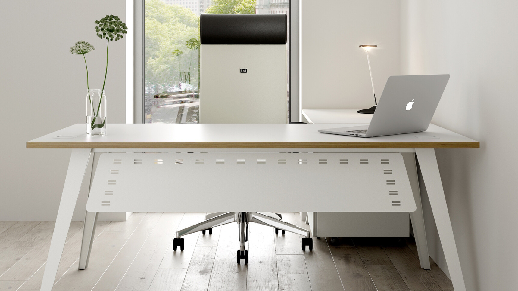 Elite Reflex Managers Desk With White Table Top Finish And White Metal Leg Finish With Wood Side Edges With Elite Meeting Chair At Desk With Steel Modesty Panel With White Finish In Office Environment