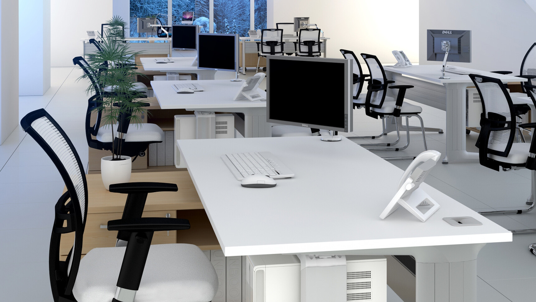 Six Elite Kassini Rectangular Desks White Top Silver Metal Leg Finish Six Single Sided Under Desk Mobile Storage Units Thirteen White Loreto Mesh Back