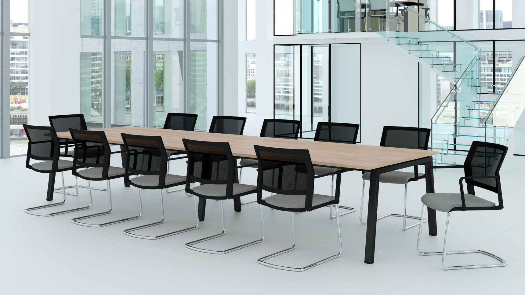 Elite Linnea Double D Ended Conference Table With Wood Table Top Finish And Black Metal Leg Finish With Twelve Elite Black Mesh Office Chairs In Office Environment