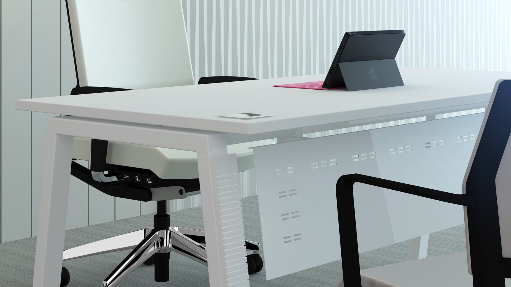 Elite Linnea Rectangular Desk White Finish Linnea Steel Modesty Panel Elite Office Chair White Upholstery At Desk