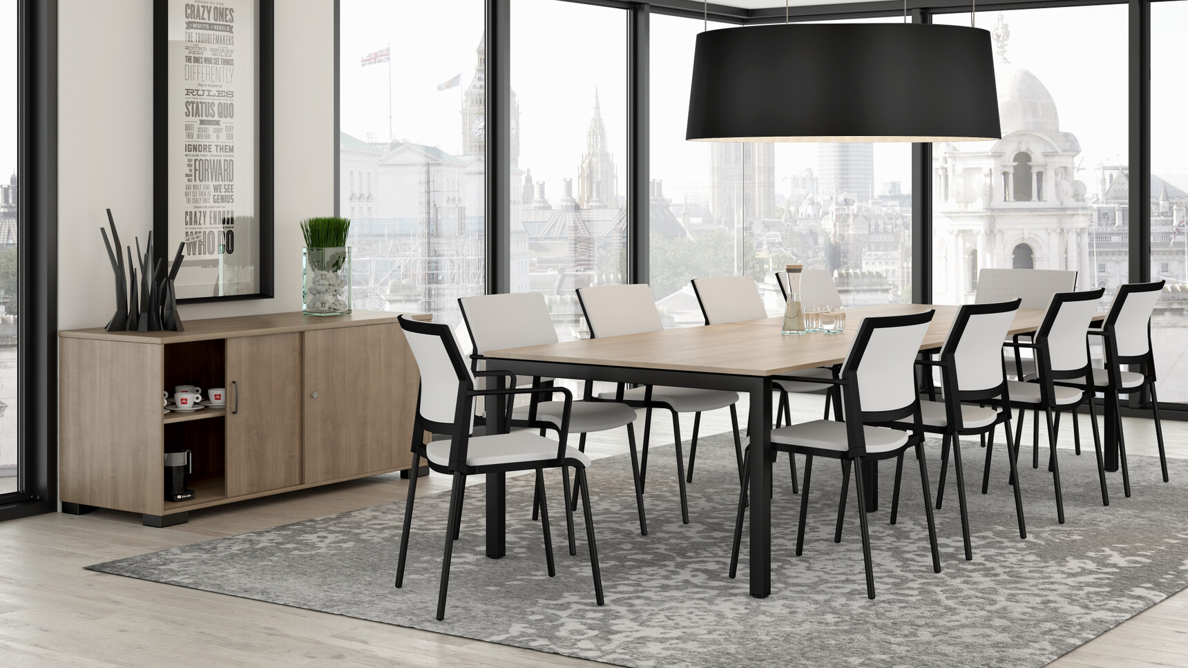 Elite Matrix Conference Table With Light Wood Table Top And Black Metal Leg Finish With Ten Elite Chairs In White Upholstery With Desk High Credenza Storage Unit In Conference Room