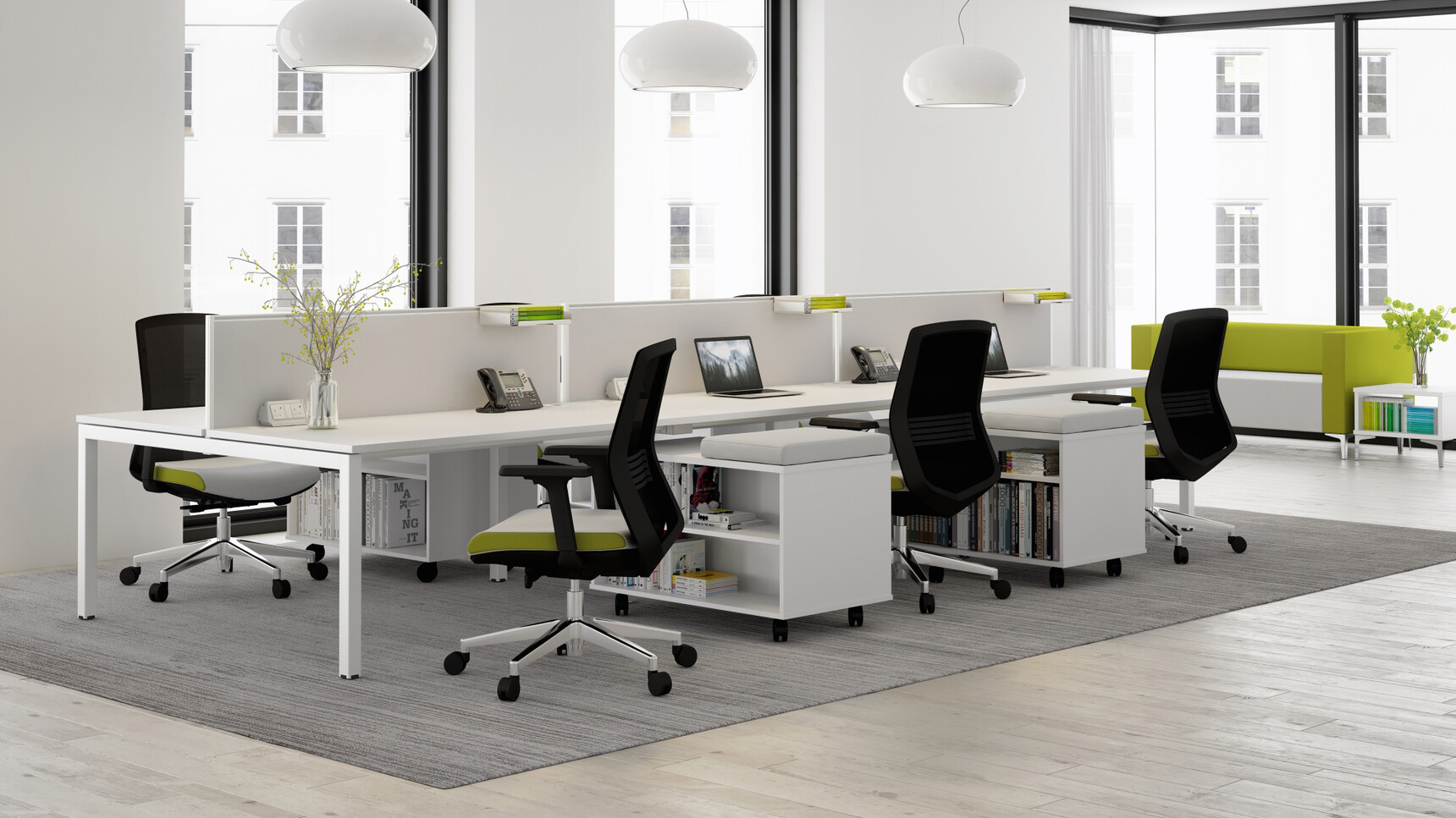 Three Elite Matrix Double Bench Desks White Finish Six Vida Mesh Back Office Chairs Black Backrest White Green Upholstery Four Pedestals With Pad