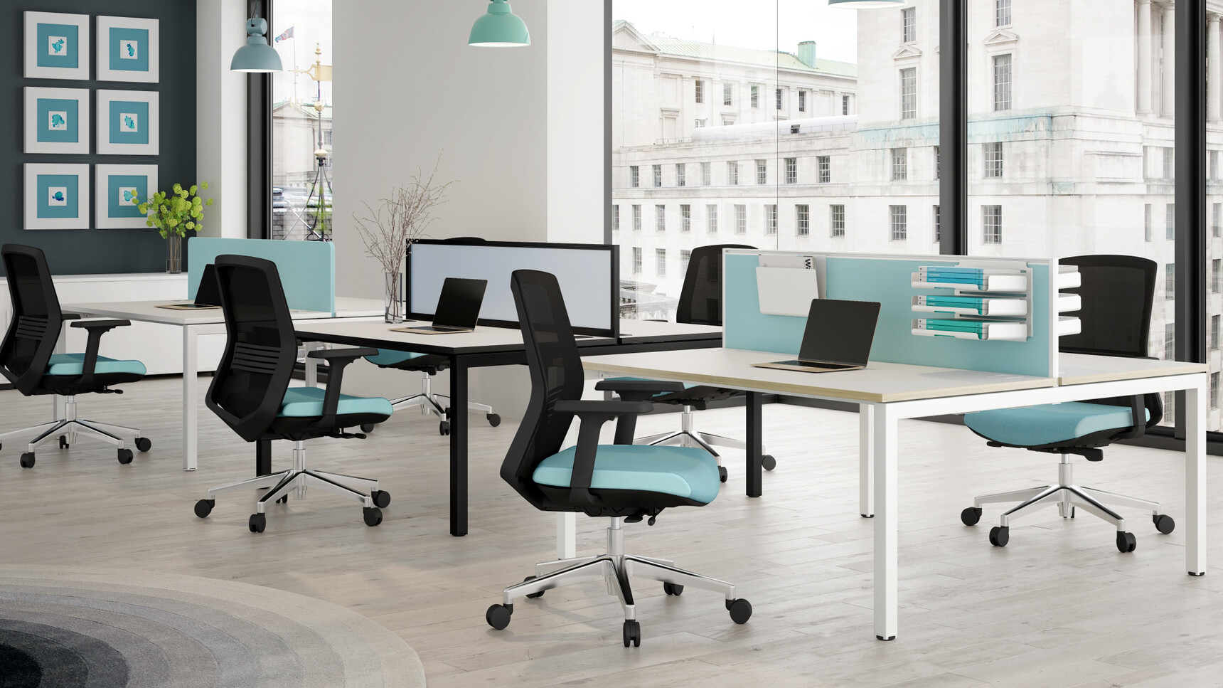 Two Elite Matrix Double Bench Desks Light Wood White Metal Leg Finish Blue Acoustic Screens Elite Matrix Double Bench Desks Light Wood Black Metal Leg Finish Acoustic Screen