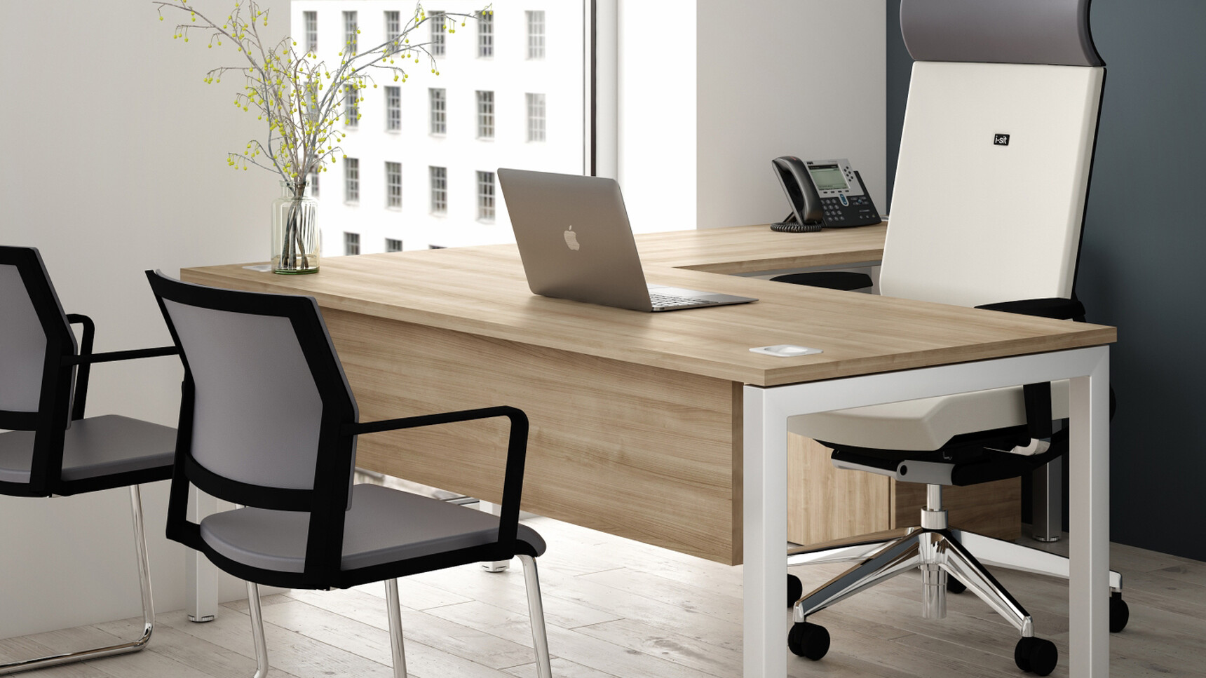 Elite Matrix Managers Workstation With Light Wood Table Top And White Metal Leg Finish With Elite Office Chair And Two Elite Chairs In Office Environment