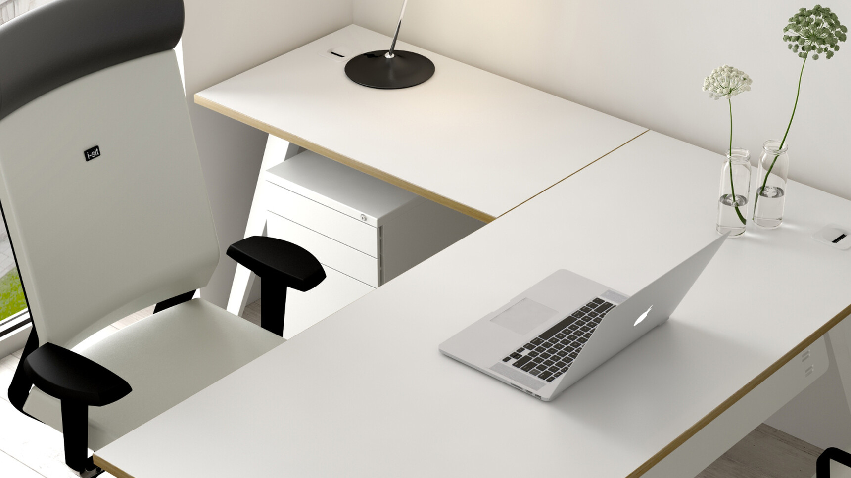 Elite Reflex Managers Desk White Finish Wood Side Edges Steel Modesty Panel White Finish Elite Executive Chair White Upholstery Three Drawer Pedestal At Desk