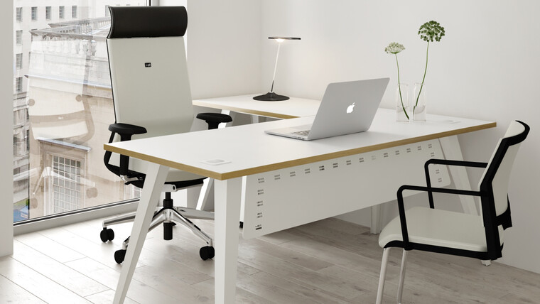 Elite Reflex Managers Desk White Finish Wood Side Edges Steel Modesty Panel White Finish Elite Executive Chair Elite Office Chair