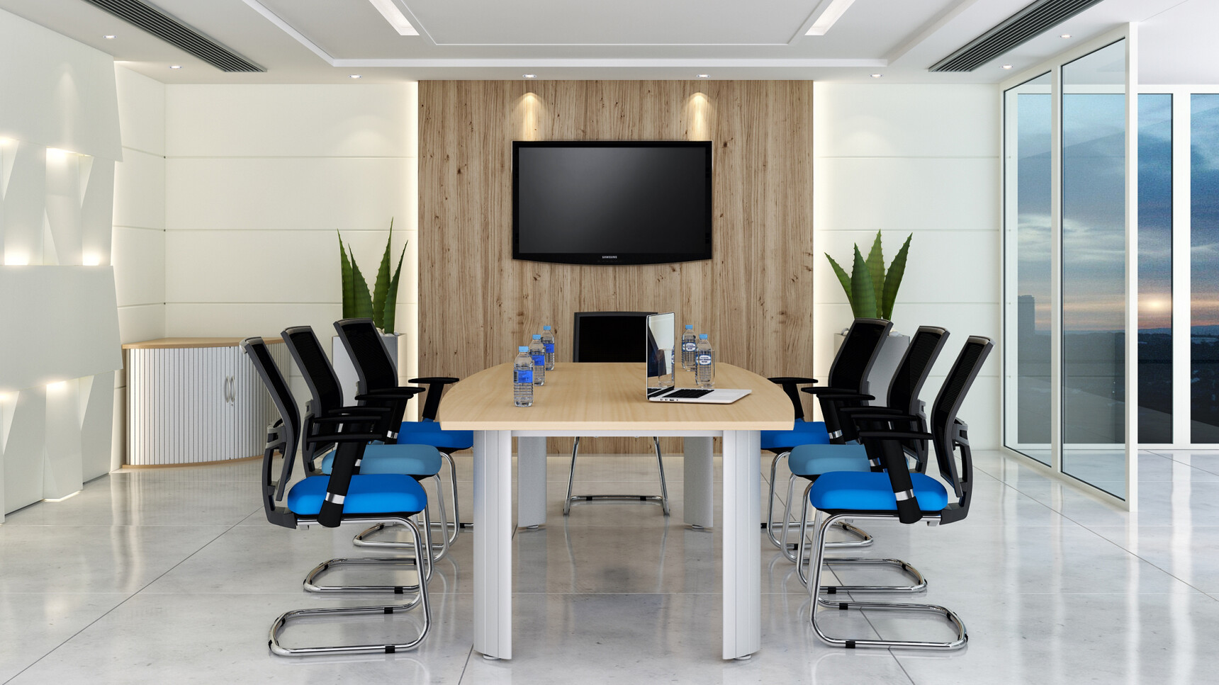 Elite 90 Degree Desks High Storage Unit with Tambour Doors With Grey Metal Doors And Wood Table Top Finish Closed With Meeting Table And Seven Vida Mesh Back Cantilever Meeting Chair With Blue Upholstery