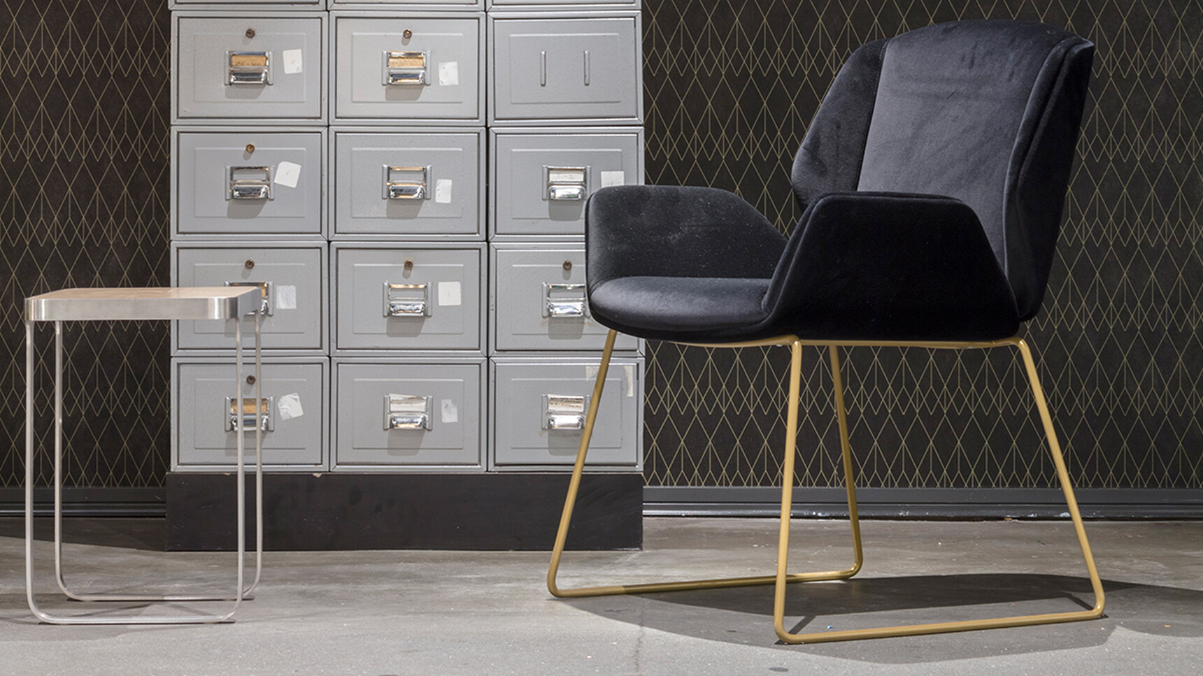 Boss Design Kruze Sled Base Side Chair With Black Upholstery And Dark Yellow Wire Sled Base At Table And Lockers