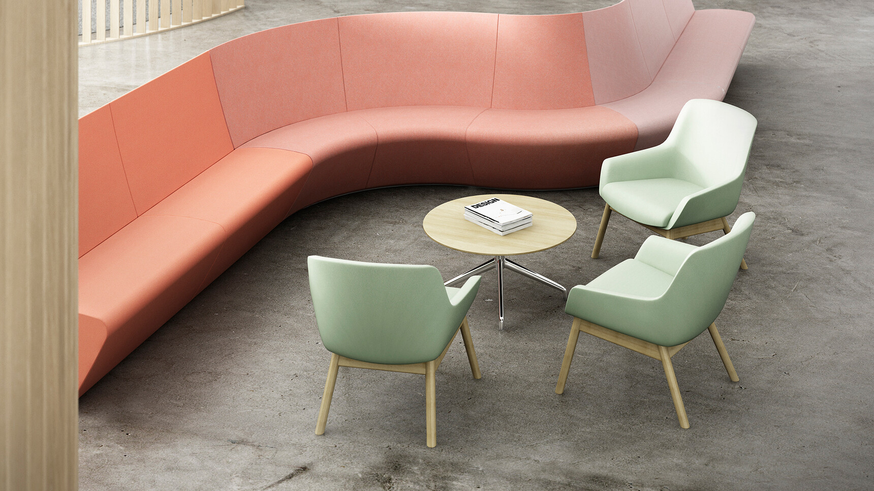 Three Boss Design Kruze Wooden Base Side Chairs With Light Green Upholstery And Wooden Base Finish At Table Overhead Image