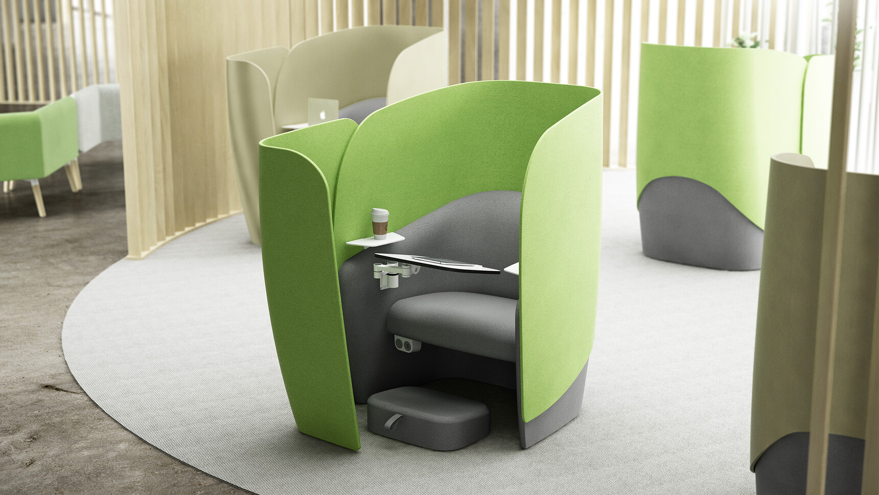 Four Boss Design Mango Workstations with Surround Screen Two Green White Dark Grey Upholstery Left-Hand Writing Tablet Articulated Steel Arm