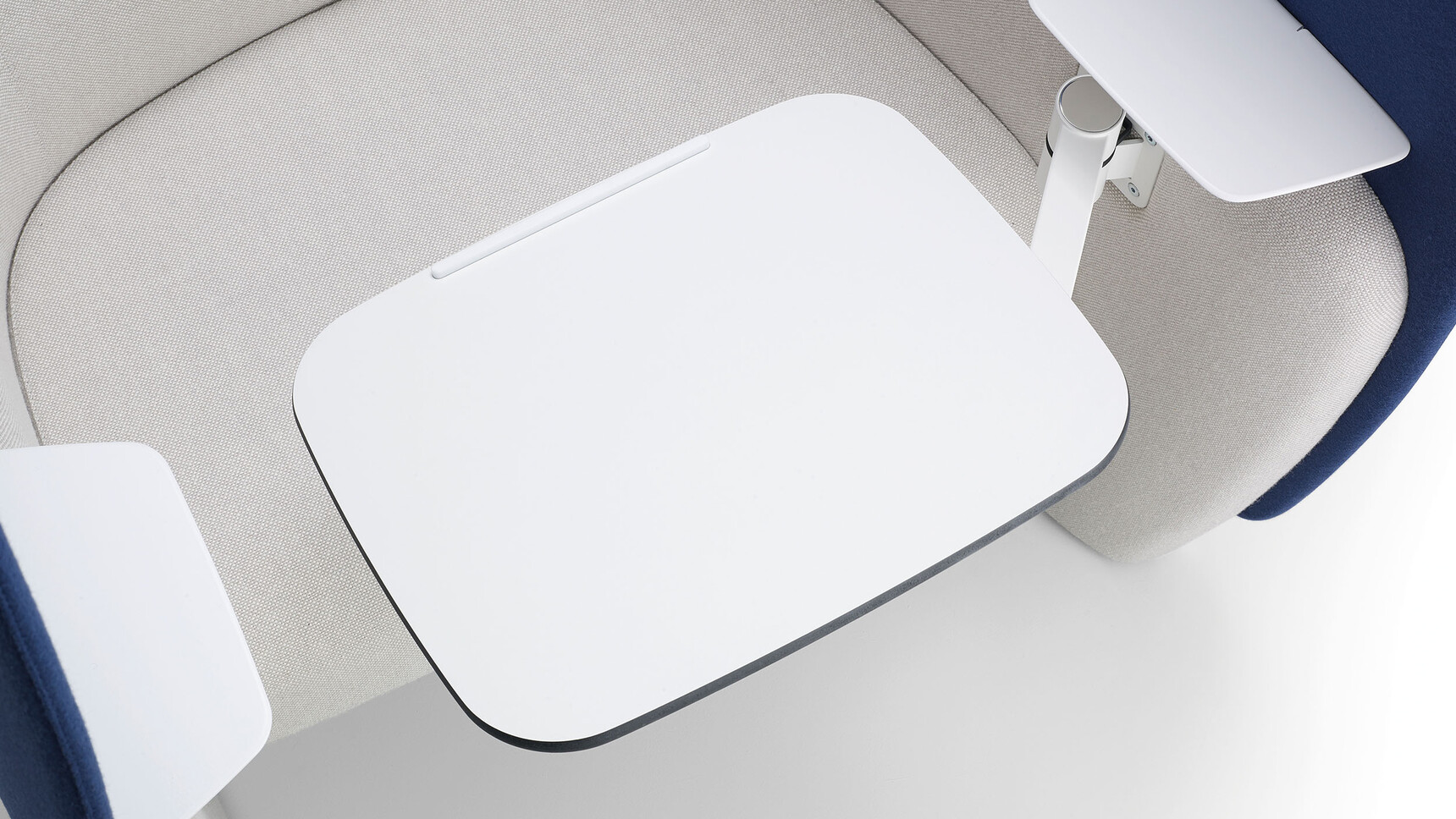 Boss Design Mango Workstation with Surround Screen Blue White Upholstery Left-Hand Writing Tablet Articulated Steel Arm Detail Image