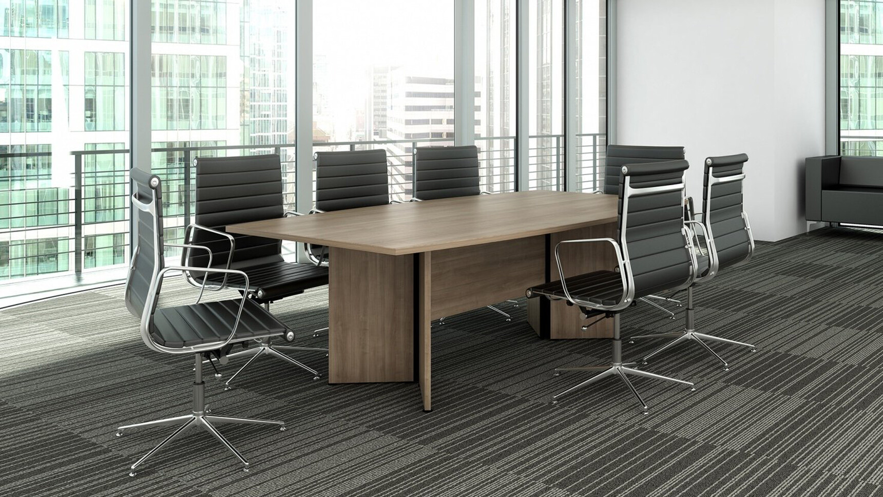 Elite Windsor Barrel Shaped Conference Table With 25mm Dual Board With MFC With Dark Wood Finish And Black Metal Leg Finish And Wooden Arrow Leg Base With Modesty Panel And Metal Accents With Seven Elite Chairs