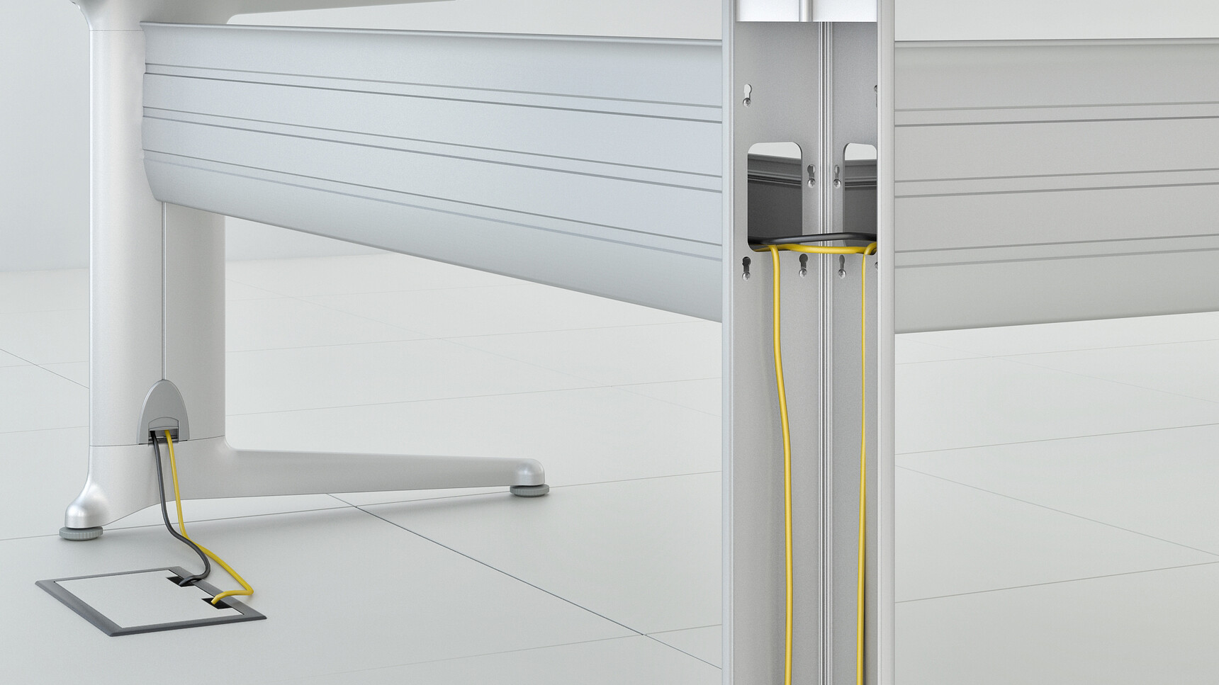 Elite Kassini Radius Reception Desk With Silver Metal Legs Showing Cable Management Through The Legs Of The Desk Close Up