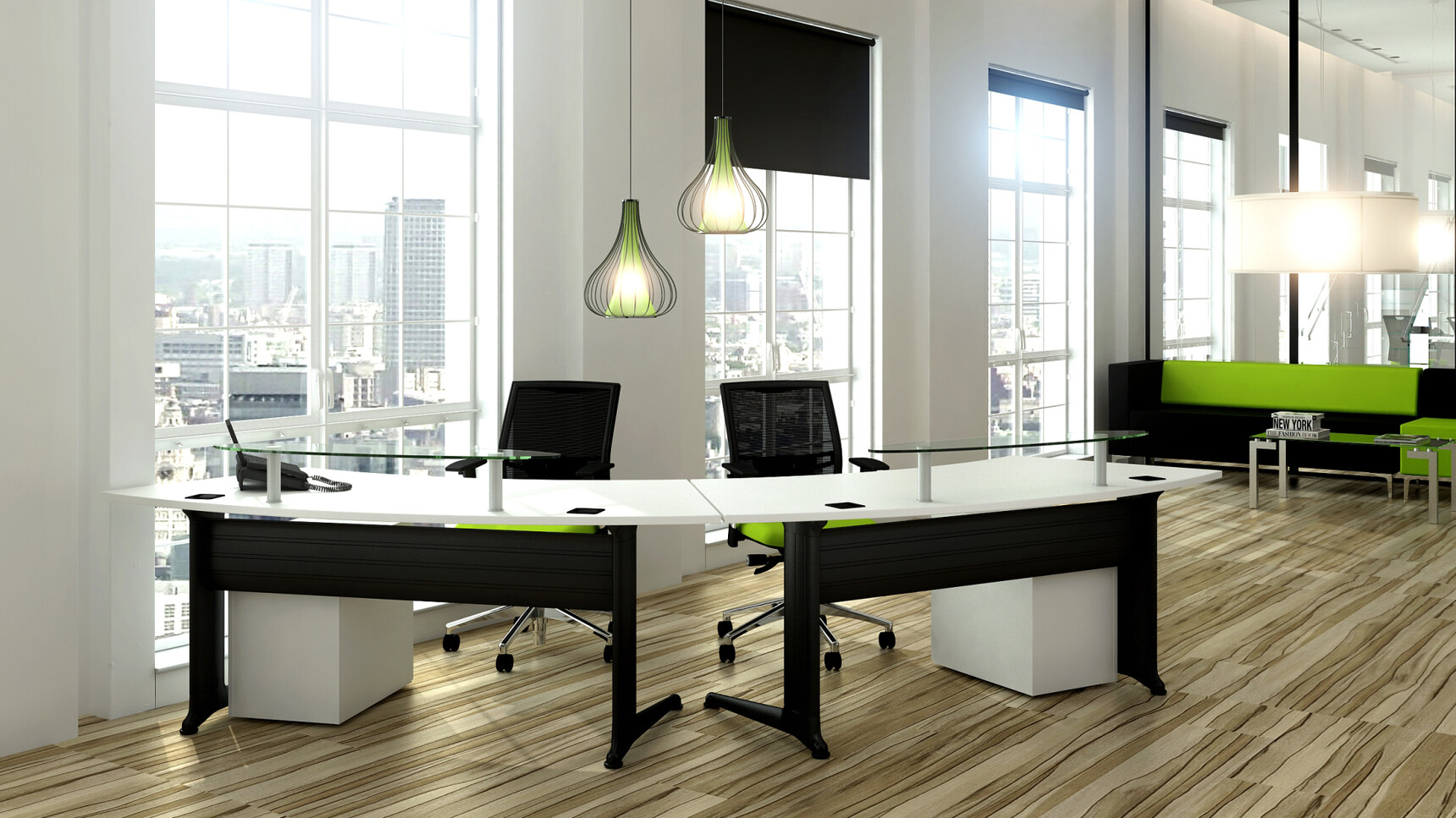 Two Elite Kassini Radius Reception Desks White Black Metal Leg Finish Two Loreto Mesh Back Office Chairs Black Backrest Green Upholstery At Desk Two White Pedestals