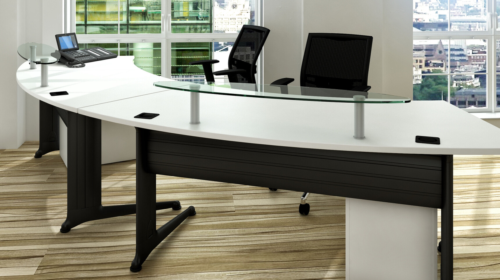 Two Elite Kassini Radius Reception Desks With White Finish And Black Metal Leg Finish With Two Loreto Mesh Back Office Chairs With Black Backrest At Desk With Pedestals In Office Environment