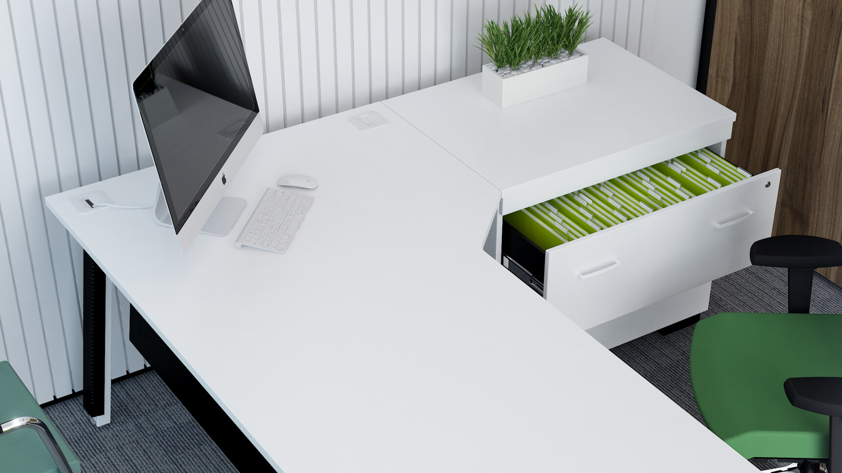 Elite Linnea Angular Workstation White Top Black Metal Leg Finish Right Handed Elite Side Filing Unit White Finish