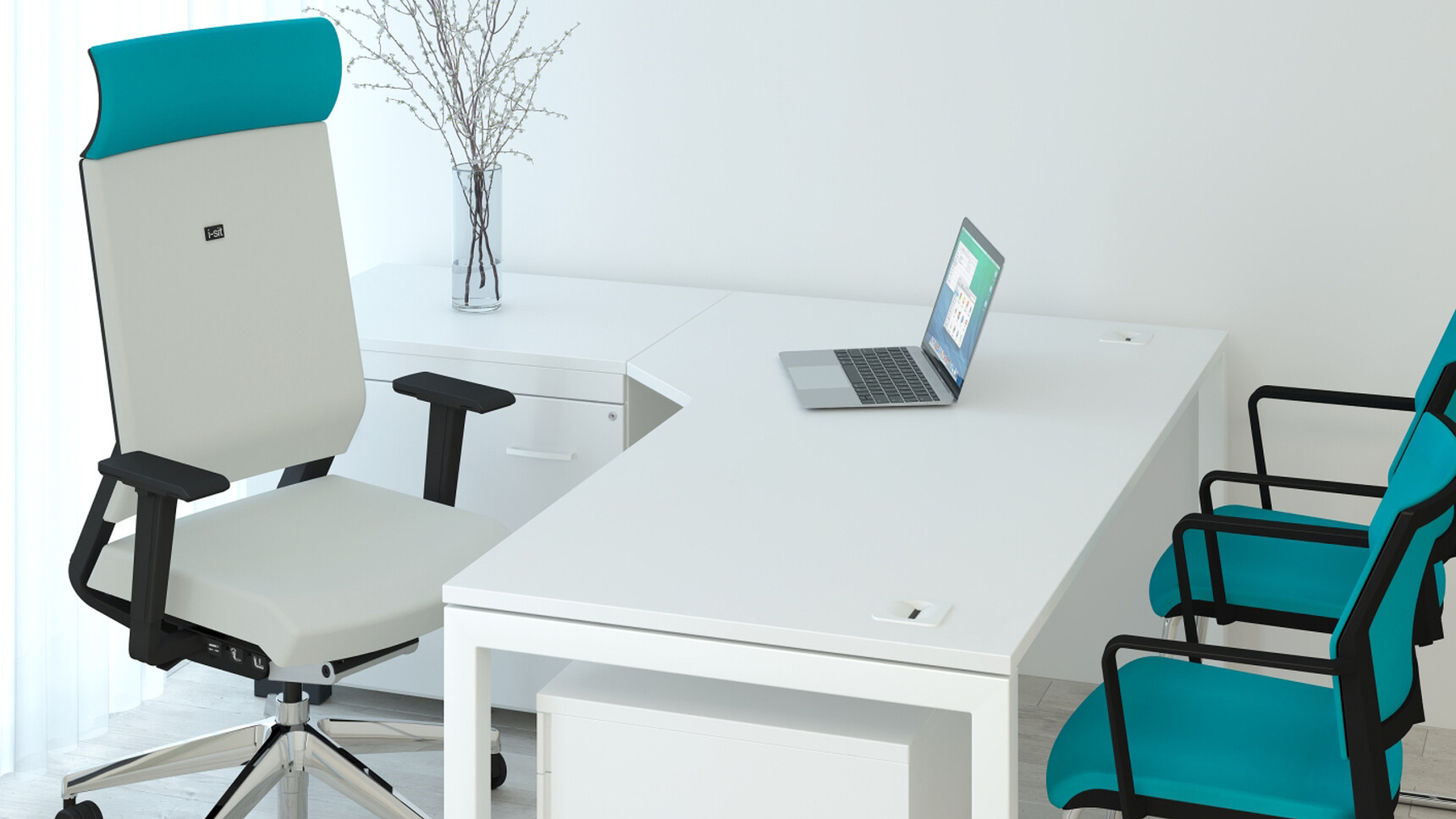 Elite Matrix Angular Workstation White Top White Metal Leg Finish Pedestal White Finish Side Filing Unit White Finish Elite Office Chair