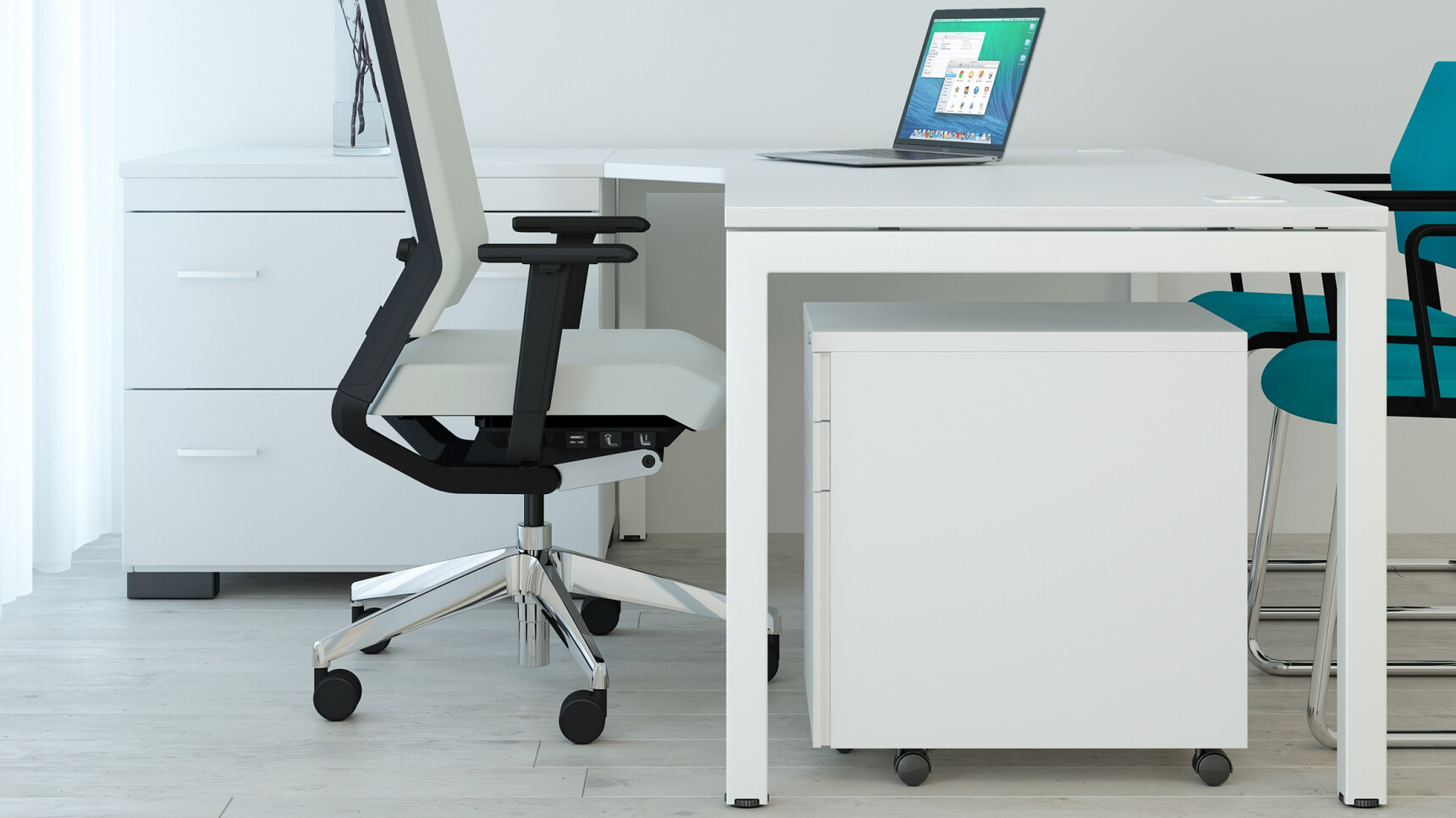 Elite Matrix Angular Workstation White Top White Metal Leg Finish Three Standard Drawer Desk High Pedestal Side Filing Unit White Elite Office Chair White Finish