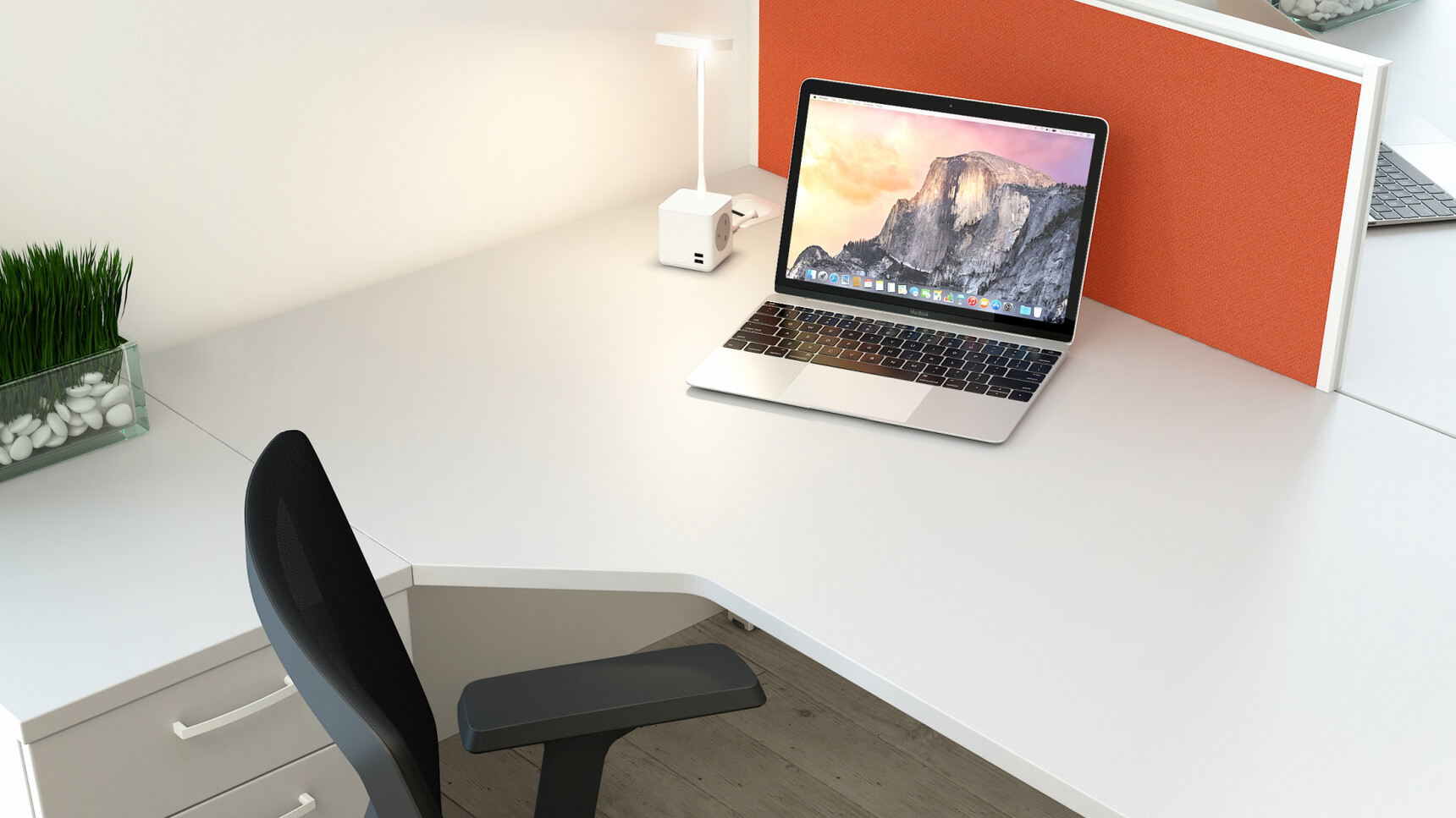 Two Elite Matrix Angular Workstations White Top White Metal Leg Finish Three Standard Drawer Desk High Pedestal Grey Finish Vida Mesh Back Office Chairs Black Backrest