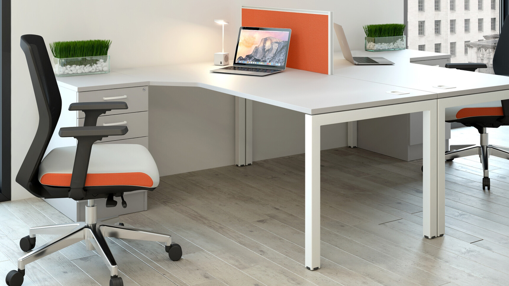 Two Elite Matrix Angular Workstations White Finish Two Three Standard Drawer Desk High Pedestal Grey Finish Two Vida Mesh Back Office Chairs White Upholstery