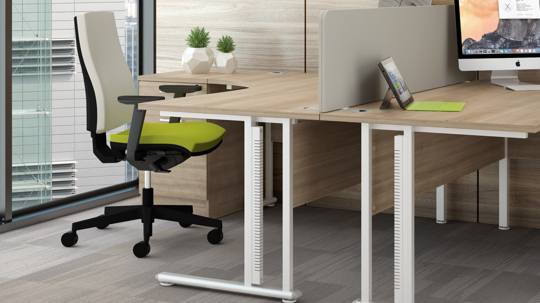 Two Elite Flexi Crescent Workstations Wood Finish Three Standard Drawer Desk High Pedestal Wood Finish Office Chair Green White Upholstery Black Base