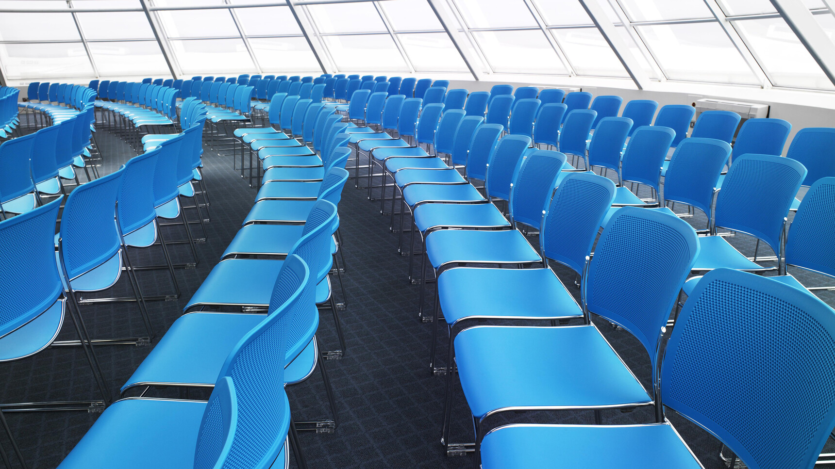 Various Boss Design Starr Armless Meeting Chairs In Blue Upholstery And Chrome Base In Rows