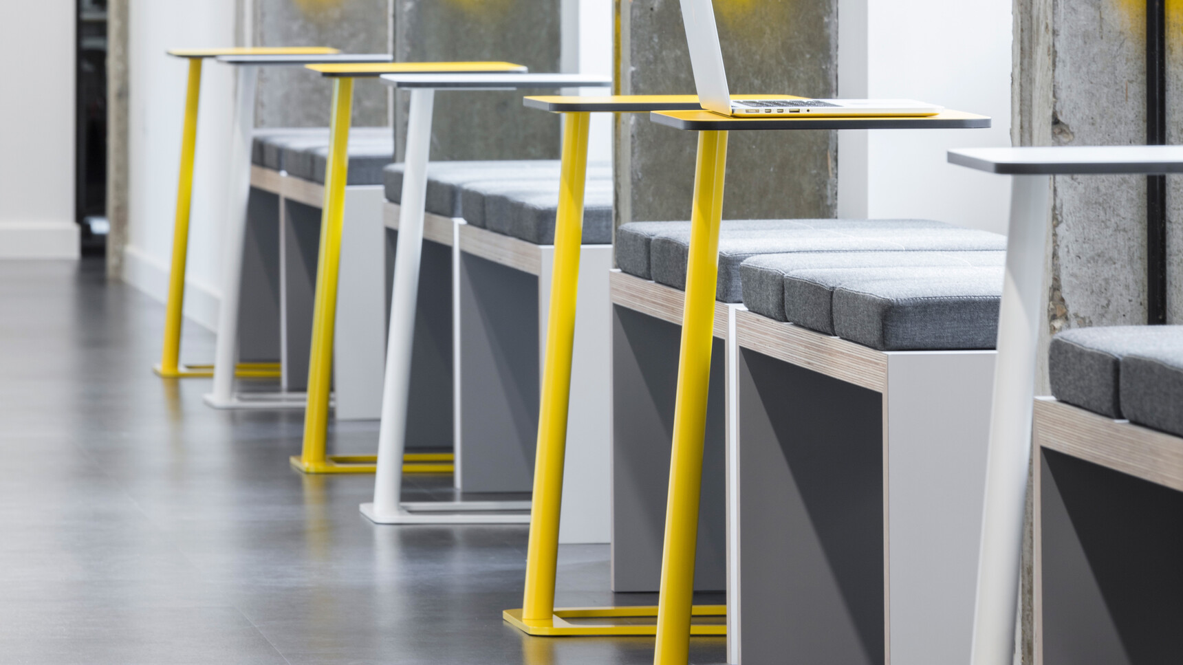 Seven Boss Design Flamingo Laptop Tables Four In Yellow Finish And Three In White Finish At Stools