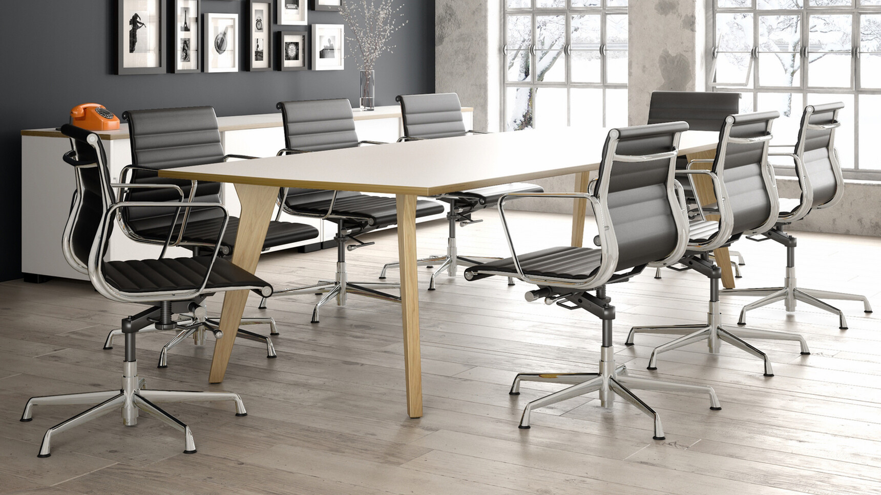 Elite Lux Octagonal Conference Table With White Table Top Finish And Wood Edge Finish And Wood Leg Finish And Eight Black Elite Office Chairs In Conference Room