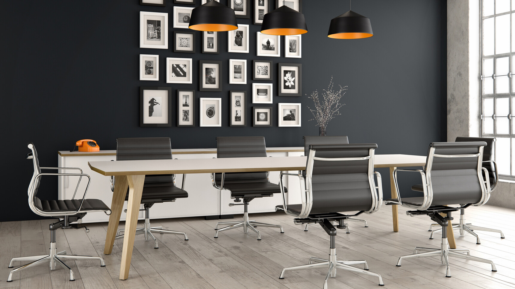 Elite Lux Octagonal Conference Table With White Table Top Finish And Wood Edge Finish And Wood Leg Finish And Seven Black Elite Office Chairs In Conference Room