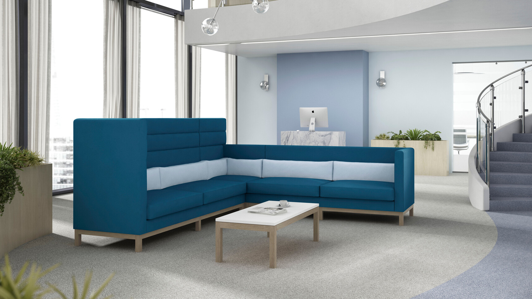 Boss Design Arthur Cityscape With Blue Upholstery And Wood Leg Finish With Low And High Seating At Coffee Table In Reception Area