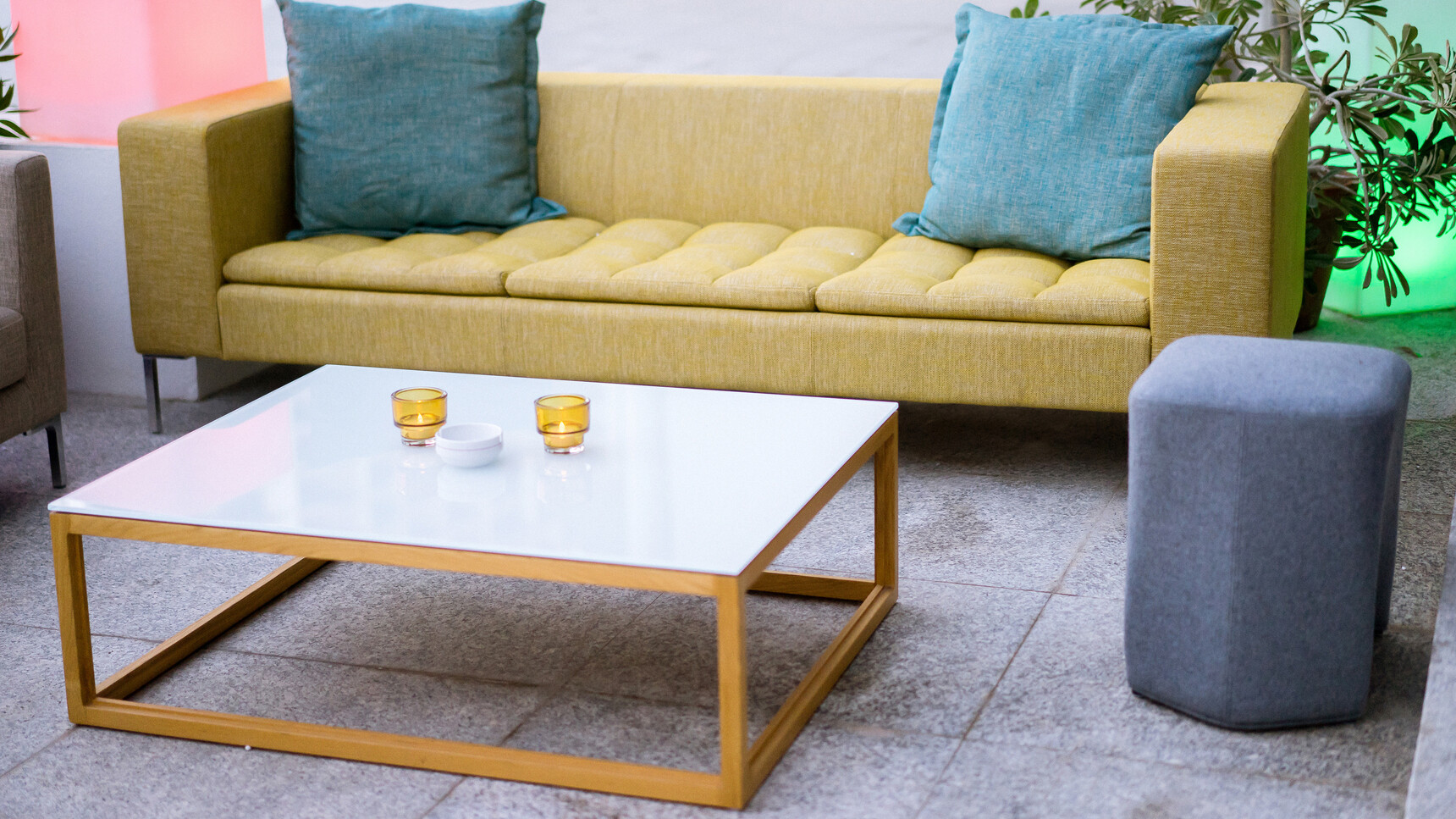 Boss Design Metro Large Rectangular Coffee Table With White Glass Table Top And Wood Finish At Sofa Stool And Chair