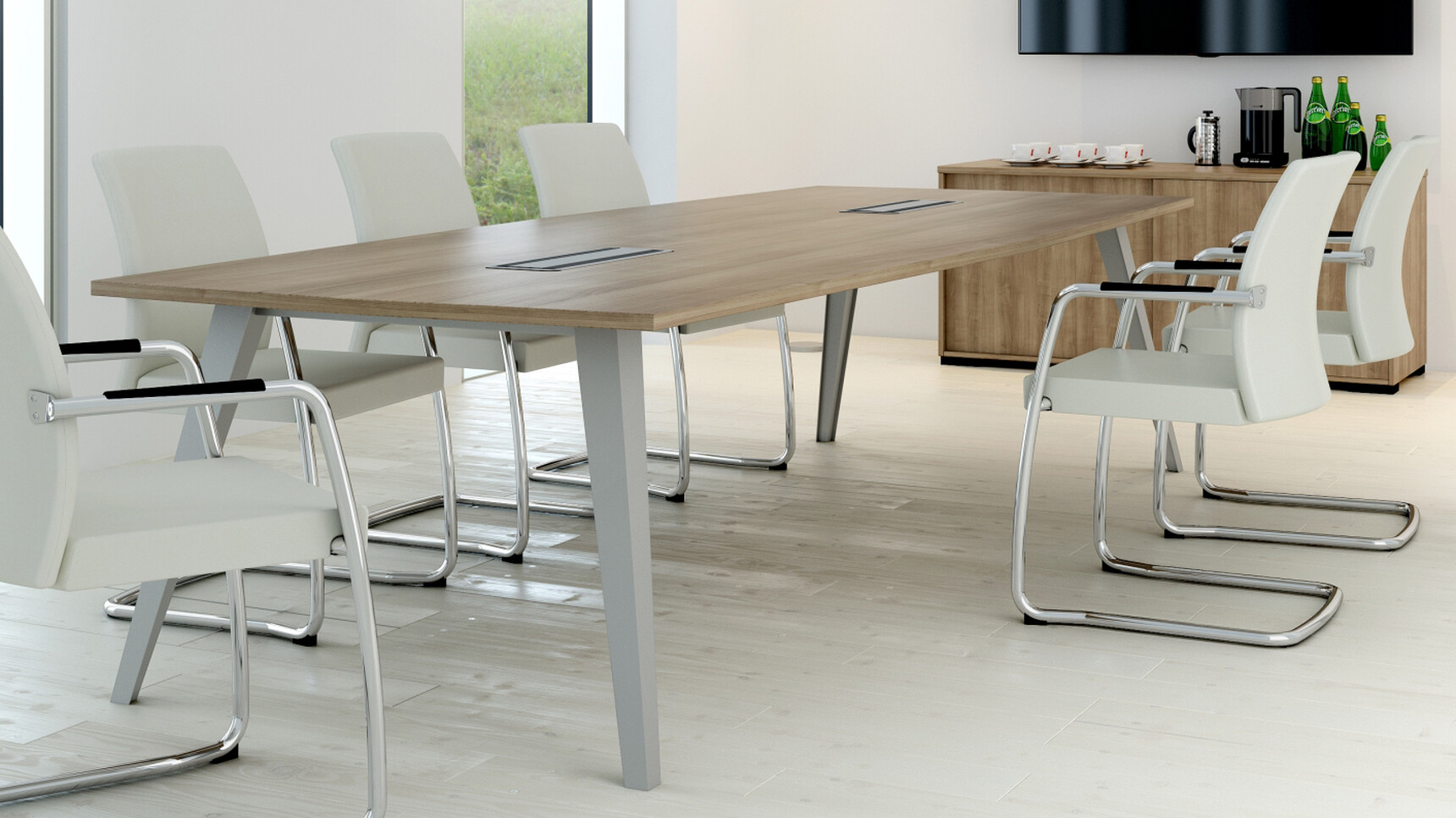 Elite Reflex Octagonal Conference Table Wood Silver Metal Leg Finish Six Moda Fully Upholstered Full Cantilever Base Meeting Chairs Desk High Credenza Storage Unit