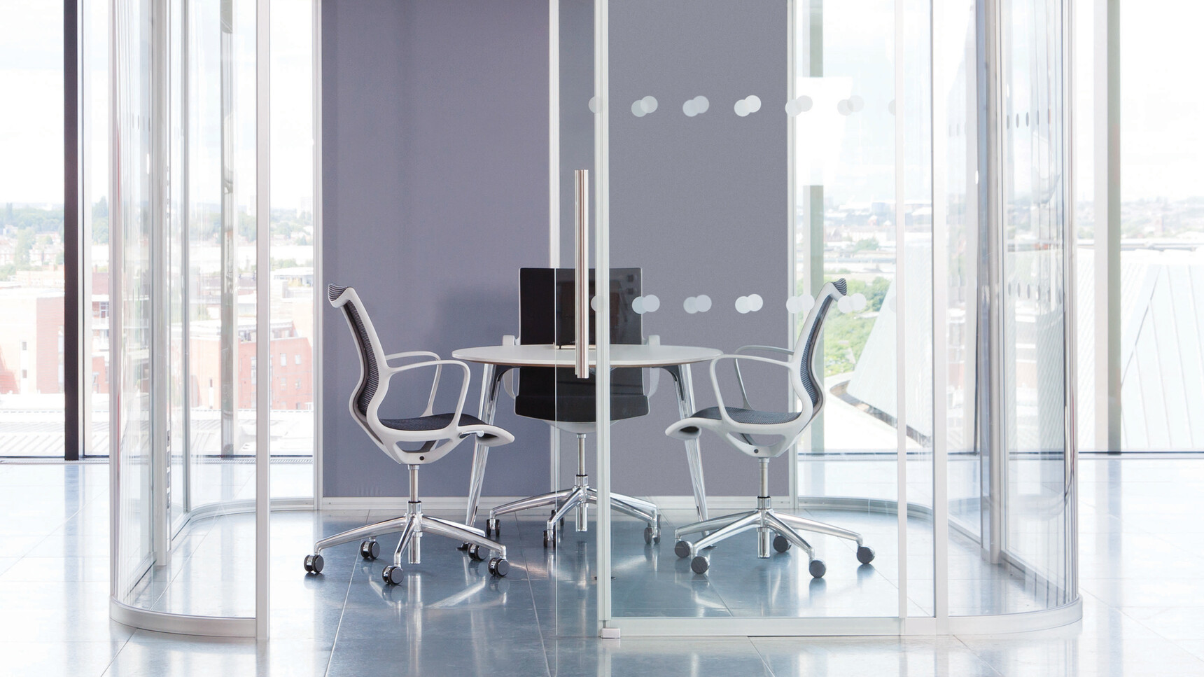 Three Boss Design Kara Office Chair with Arms With Black Upholstery With White Frame And White Armrests And Polished Aluminium Base On Castors At Desk