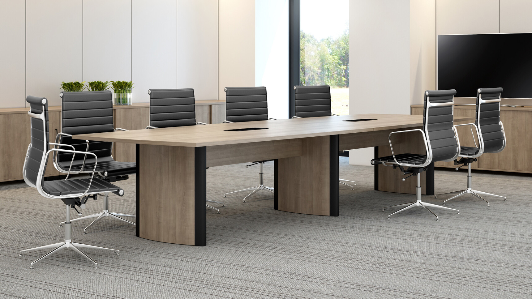 Elite Aerofoil Boardroom Table Two Section Top With Wood Finish Table Top And Legs With Black Leg Edges And Seven Elite Black Chairs In Boardroom