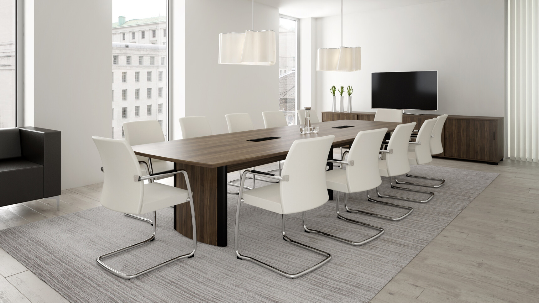Elite Aerofoil Boardroom Table Two Section Top With Wood Finish Table Top And Legs With Black Leg Edges And Twelve Elite White Moda Fully Upholstered Full Cantilever Base Meeting Chairs In Boardroom