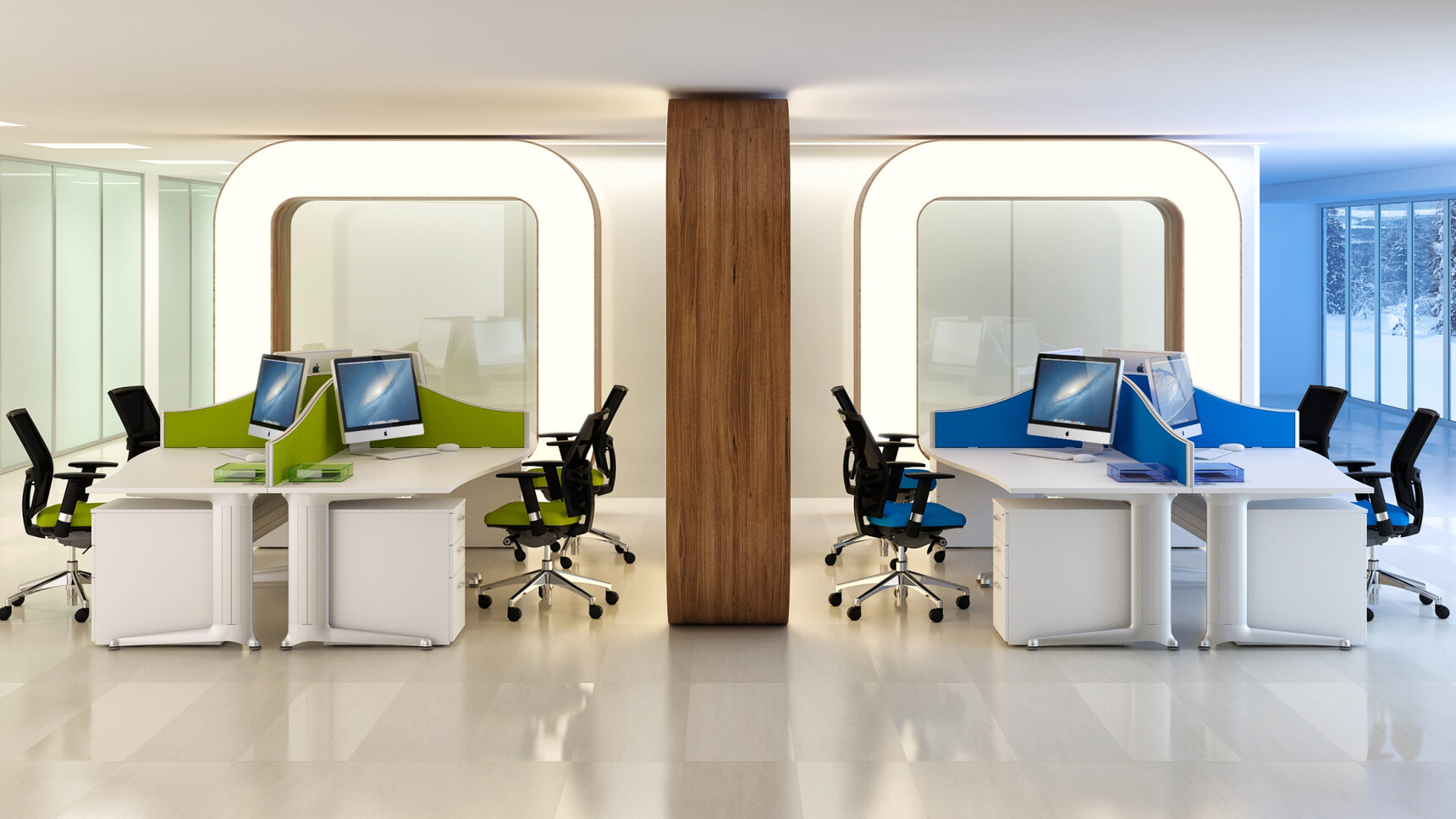 Eight Elite Kassini Single Wave Desks With White Table Tops Top Finish And Silver Metal Leg Finish With Eight Three Standard Drawer Mobile Pedestals And Eight Loreto Mesh Back Office Chairs