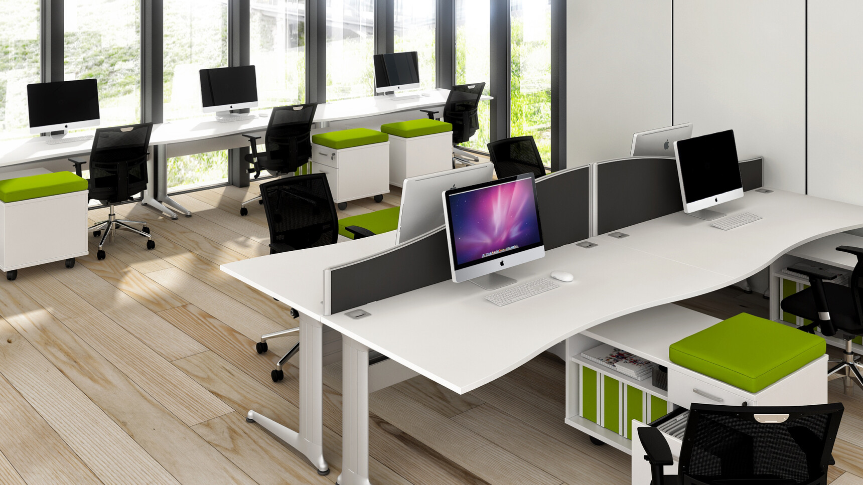 Seven Elite Kassini Double Wave Desks White Top Silver Metal Leg Finish Six Single Sided Under Desk Mobile Storage Units Green Seat Pads Seven Loreto Mesh Back Office Chairs