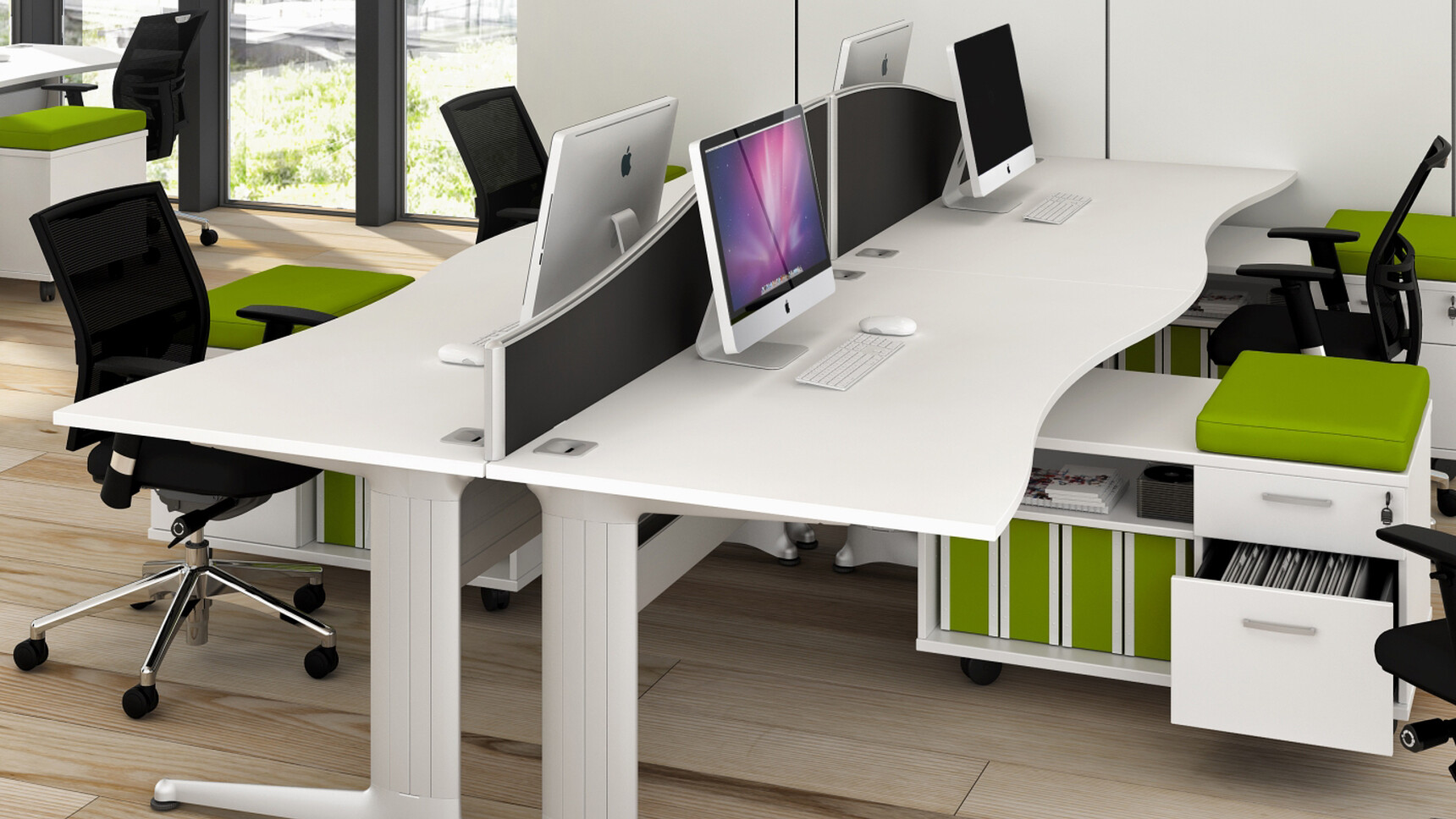 Five Elite Kassini Double Wave Desks White Top Silver Metal Leg Finish Five Single Sided Under Desk Mobile Storage Units Green Seat Pads Five Loreto Mesh Back Office Chairs