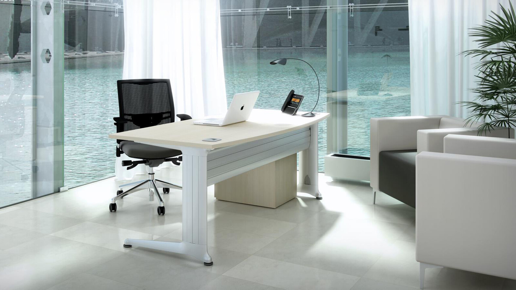 Elite Kassini Bow Fronted Rectangular Desk Light Wood Top Silver Metal Leg Loreto Mesh Back Black Backrest Seat Upholstery At Desk With Pedestal