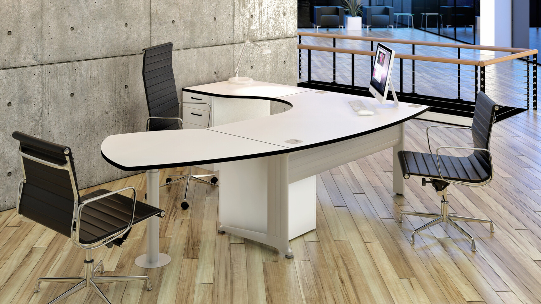 Elite Three Standard Drawer Desk High Pedestal with Curved Overhanging Top White Finish Black Edges Handles Kassini Bow Fronted Crescent Workstation White Finish Silver Legs Black Chairs