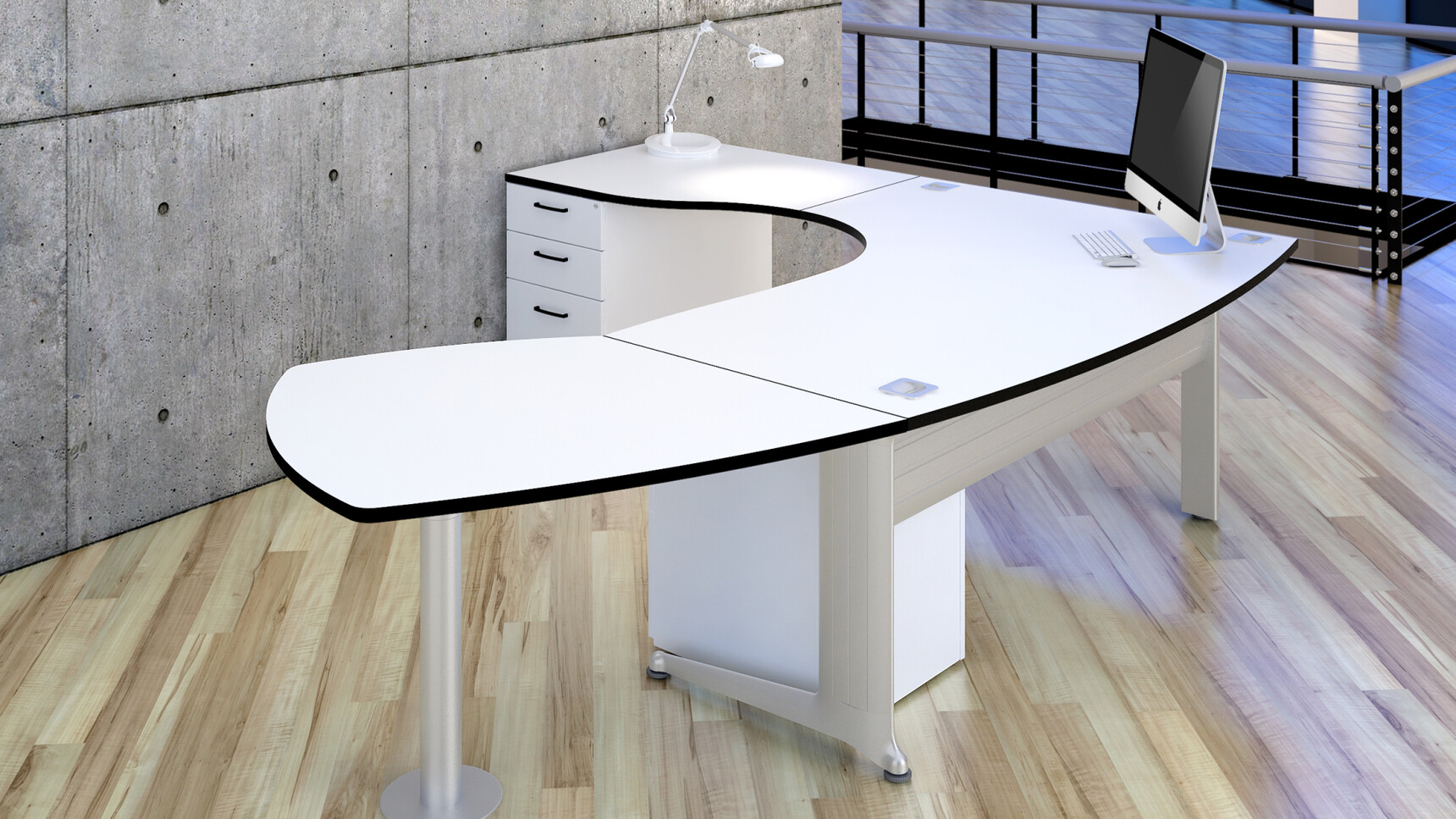 Elite Three Standard Drawer Desk High Pedestal with Curved Overhanging Top White Finish Black Edges Handles Kassini Bow Fronted Crescent Workstation White Finish Silver Legs