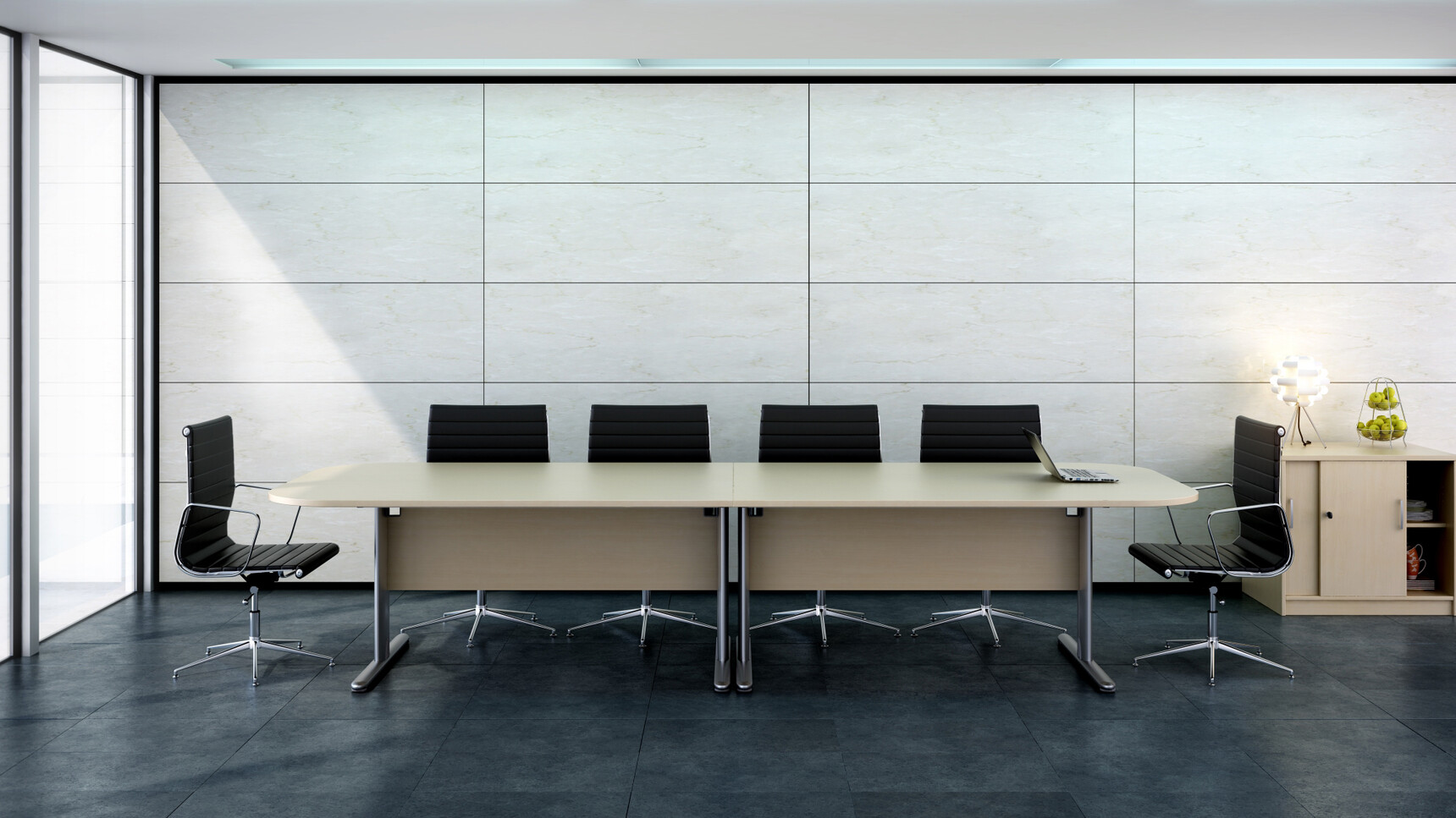 Two Elite Optima Plus Double D Ended Conference Tables Two Section Top With Light Wood Table Top Finish And Silver Metal Leg Finish With Six Elite Black Conference Chairs At Desk In Conference Environment