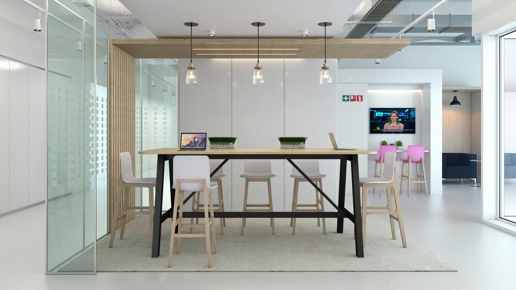 Elite Alto Poseur Height Table With Wood Table Top Finish And Black Leg Finish With Eight Bill Stools Six In White Plastic Upholstery And Two Pink With Wood Legs In Office Environment
