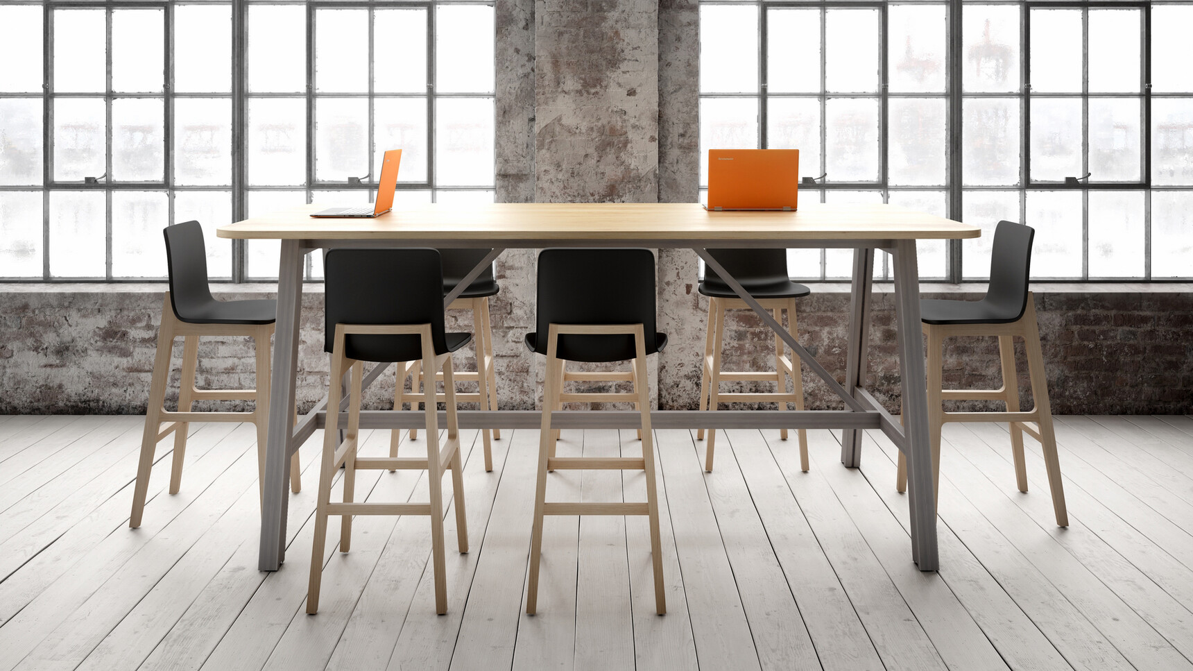 Elite Alto Poseur Height Table With Wood Table Top Finish And Near Black Leg Finish With Seven Bill Stools In Black Plastic Upholstery And Wood Legs In Office Environment