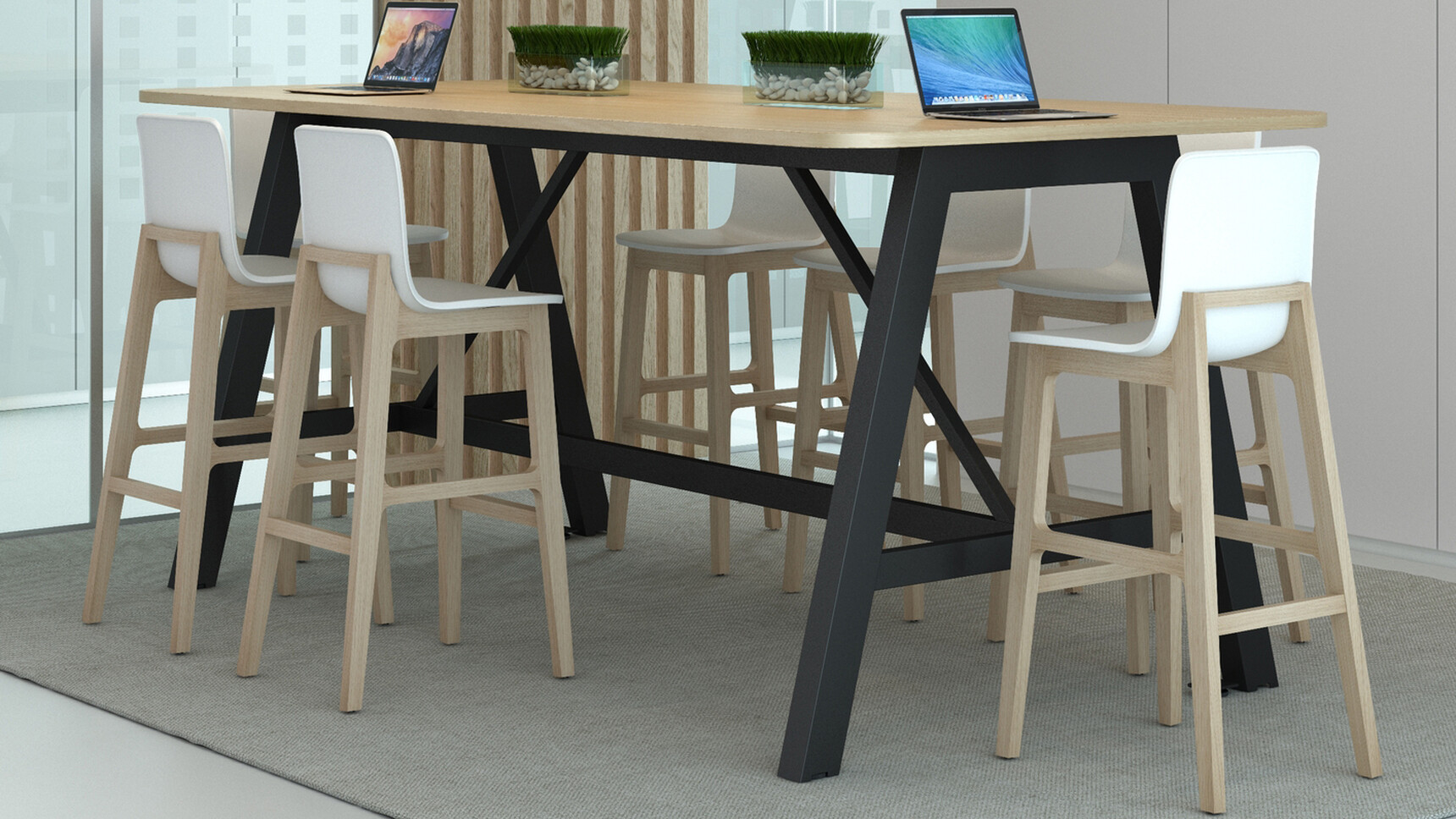 Elite Alto Poseur Height Table With Wood Table Top Finish And Black Leg Finish With Seven Bill Stools In White Plastic Upholstery And Wood Legs In Office Environment